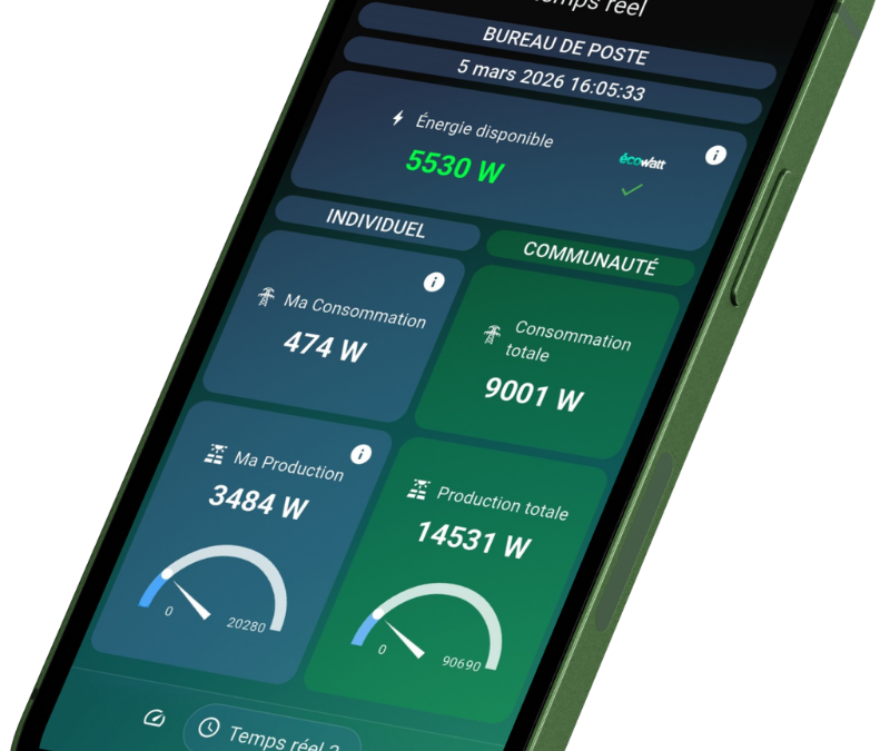 Un participant consulte sur son smartphone l'énergie solaire disponible en temps réel dans sa communauté d'autoconsommation collective, via l'application Sunbiose.